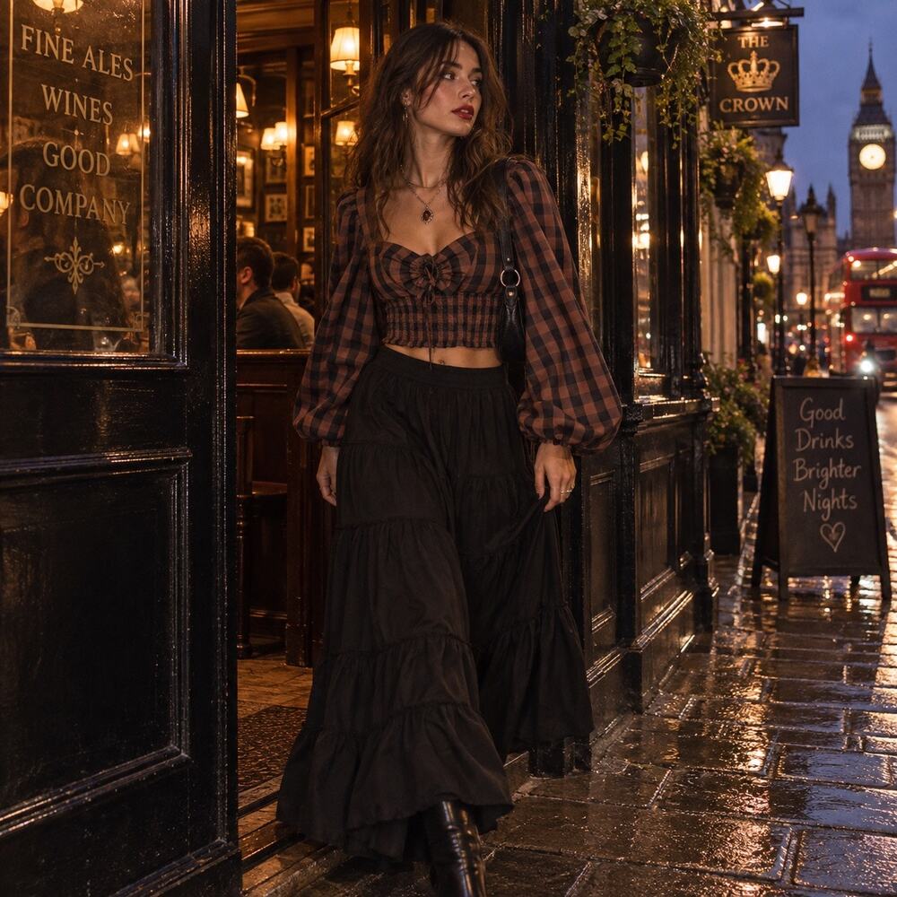 Urban Outfitters Brown Black Plaid Puff Sleeve Smocked Crop Top Y2K Whimsigoth
